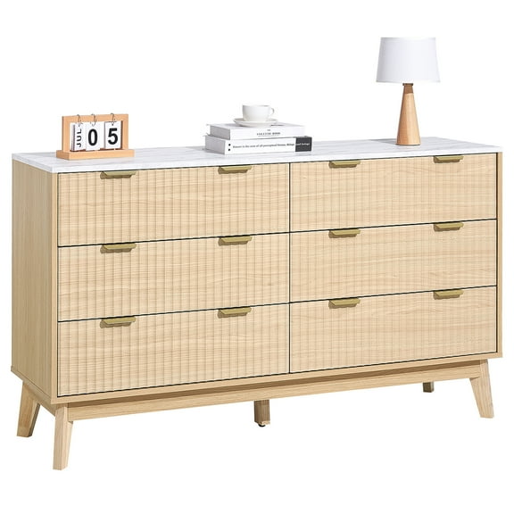 VEVOR 6 Fluted Drawer Dresser, Wooden Chest of Drawers with Sliding & Anti-tip Device, Modern Minimalist Dresser Chest, Fluted Closet Storage for Living Room, Hallway, Bedroom, Entryway, Light Wood