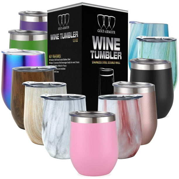 Stainless Steel Stemless Wine Glass Tumbler with Lid, 12 oz Double