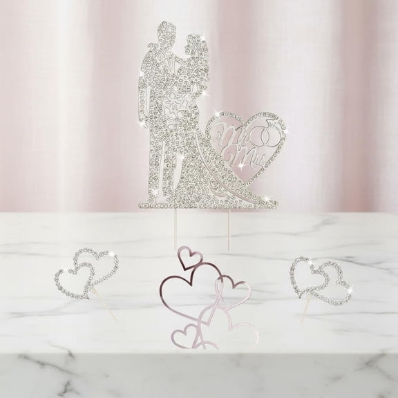 Wedding Cake Toppers Silver Luxury Bride and Groom with Crystal Rhinestones Heart Shape Reusable Metal Cake Decoration