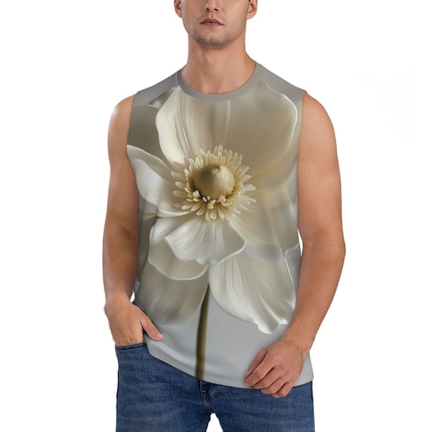 Fotbe Elegant Ivory Flower Men's Camiseta sin Mangas Estampada para Hombres, Playera Casual para Gimnasio, Entrenamiento, Playa-XX-Large