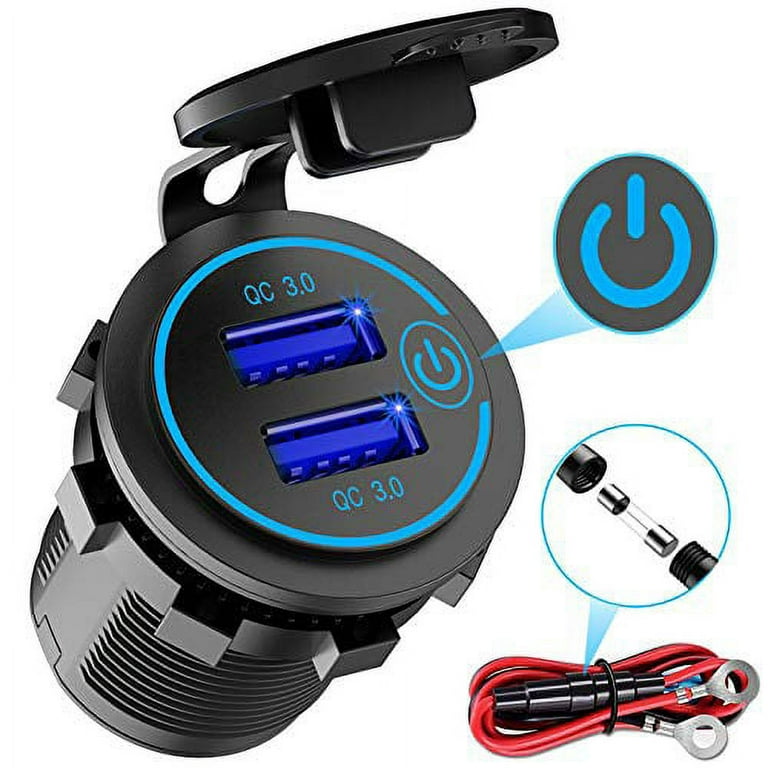 Qidoe Quick Charge 3.0 Dual USB Charger Socket Waterproof 12V/24V Qc3.0 Dual USB Fast Charger Socket Power Outlet with Touch Switch for Marine Boat