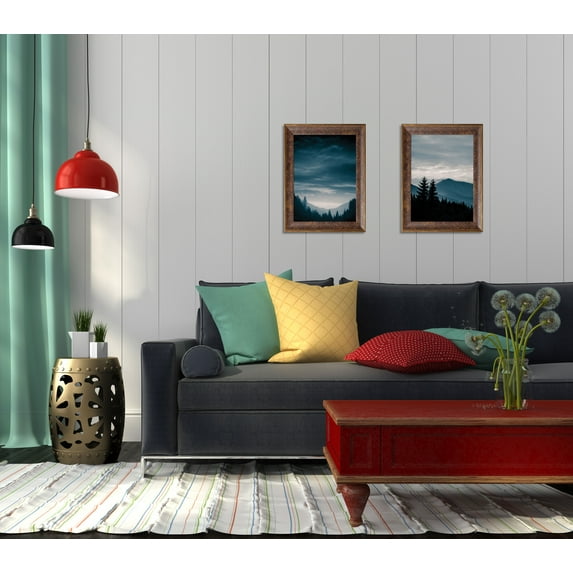 Gango Home Decor Blue Mountains IV & VII; Two 12x16in Art Prints in Gold Trim Brown Frames