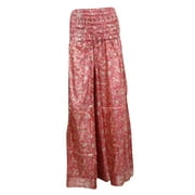 Mogul Women's Vintage Silk Skirt Pink Printed Smocked Waist Divided Maxi Skirts