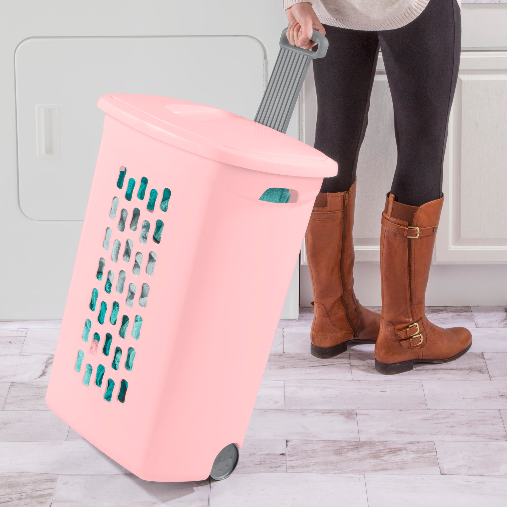 Sterilite Ultra Wheeled Hamper, Laundry Basket with Lid and Handle, Pink Frost, 3 Pack