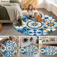 thumbnail image 6 of Blue Retro Boho Round Area Rugs 3 ft, Geometric Floral Traditional Spanish Style Washable Small Area Rug with Non-Slip Sturdy Edge Binding Round Front Door Mat Floor Carpet for Entryway, 6 of 9