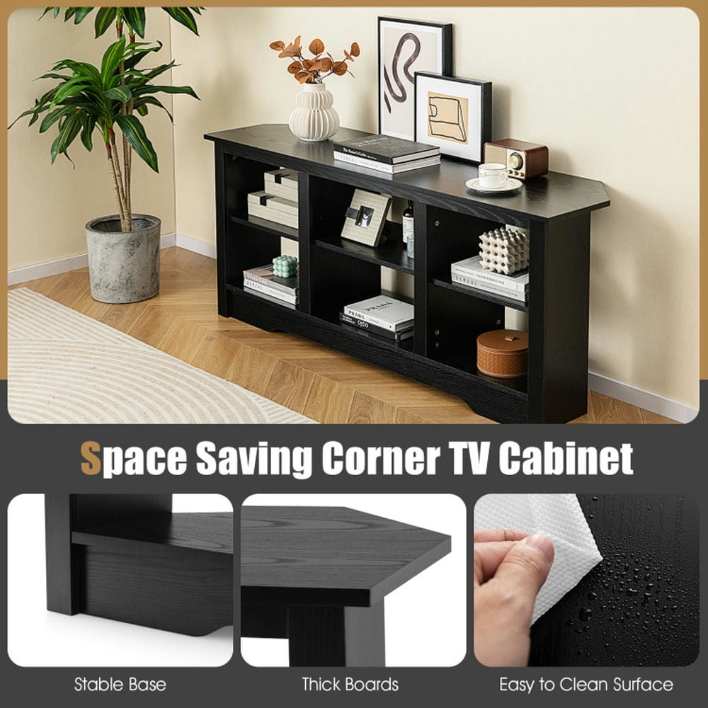 Finihen TV Stand, Entertainment Center, 58 Inch TV Stand with 6 Open Storage Shelves for TVs up to 65 Inches, for Living Room, Black