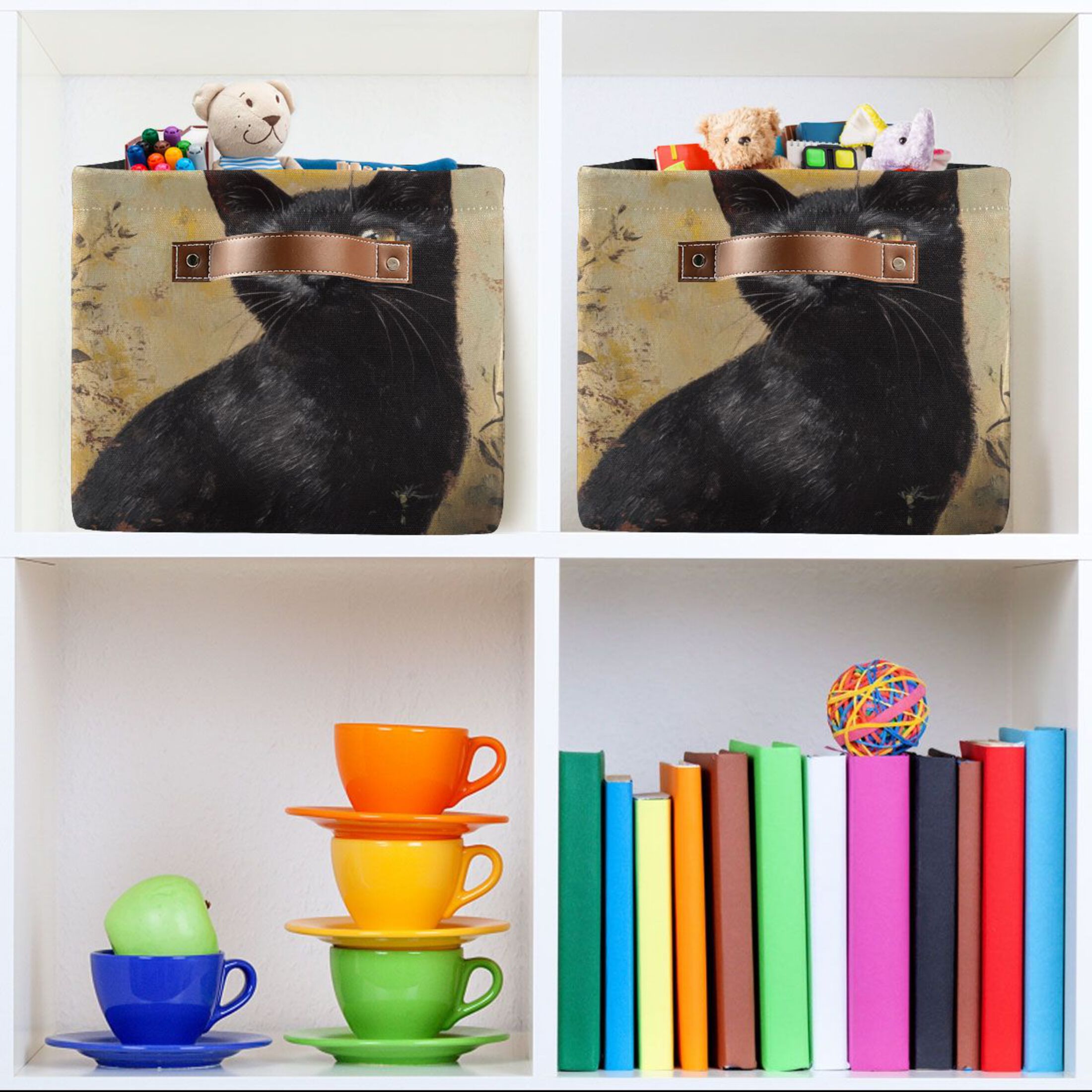 WOBOGO Black Cat with Oil Painting Style Square Storage Basket with Waterproof Canvas and PE Lining Durable PU Leather Handles 14.2×10.2×8.3in