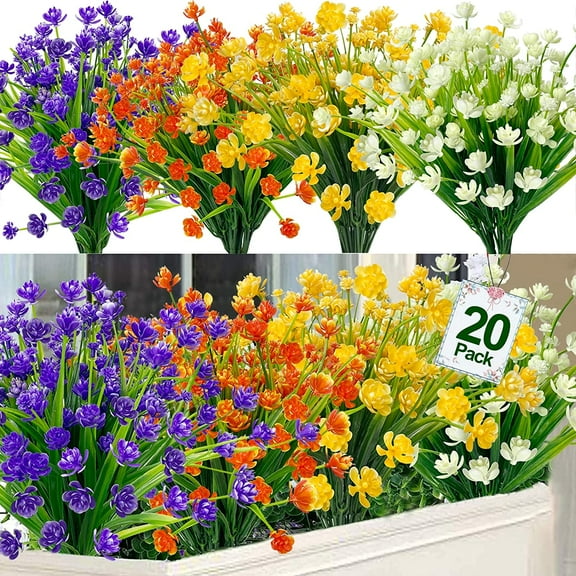 GRNSHTS 20 Bundles Artificial Flowers for Outdoor Decoration, Spring Decoration UV Resistant Faux Outdoor Plastic Greenery Shrubs Plants Artificial Fake Flowers Hanging Planter Home Garden Decor