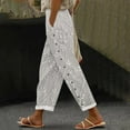 thumbnail image 2 of Jxximdong Pants for Women Embroidered Floral Print Elastic Belt With Pocket Trousers Side Buttons Loose Straight Cropped Pants White S Trousers, 2 of 5