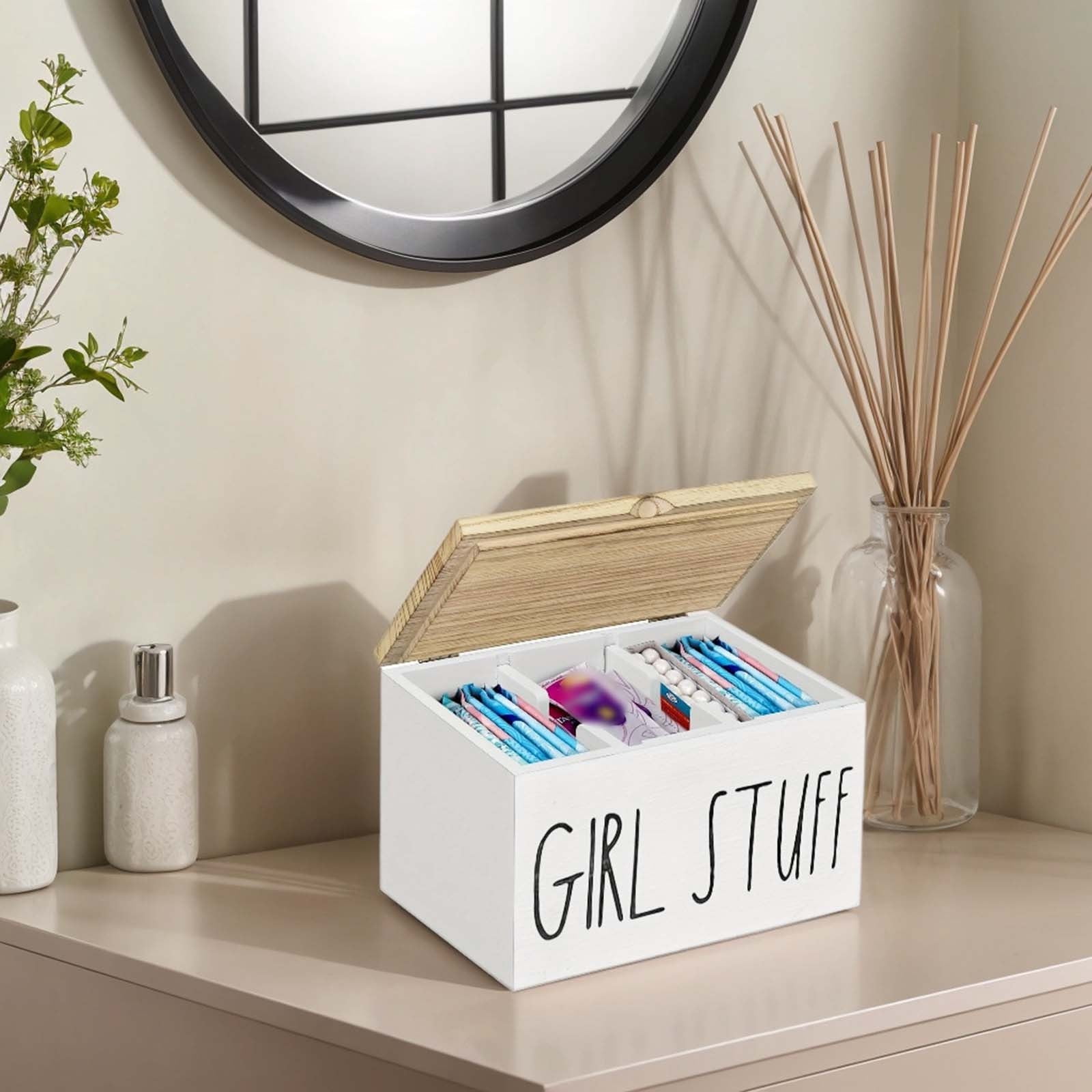 Tampon Holder for Bathroom with Hinged Lid – Feminine Product Organizer & Storage Box for Pads, Tampons & Lady Stuff – Bathroom Accessories & Toilet Organizer
