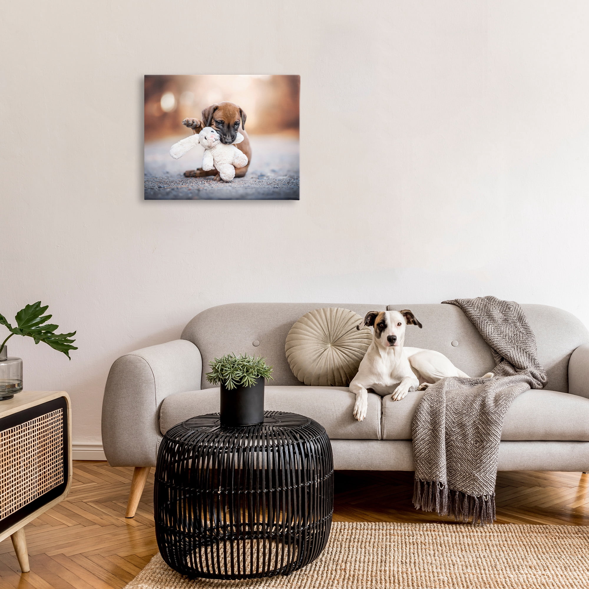 Stupell Industries Puppy with Plushie Toy Animals & Insects Painting Gallery Wrapped Canvas Art Print Wall Art, 30 x 24