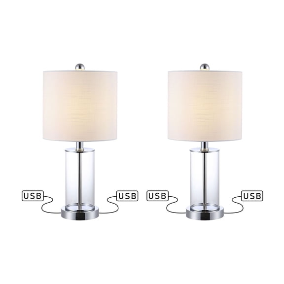 JONATHAN Y Abner 21" Glass Modern Contemporary USB Charging LED Table Lamp, Chrome (Set of 2), JYL8500C-SET2