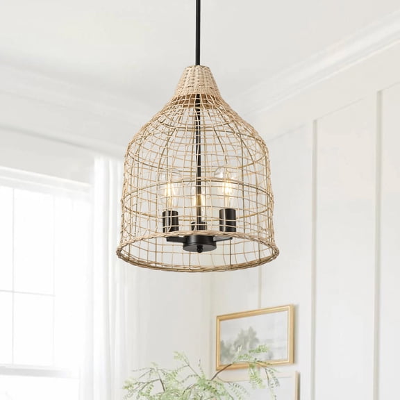 Modern Caged Pendant Light, 3-Light Industrial Minimalist Rattan Chandelier for Living Room Kitchen Bedroom Hallway