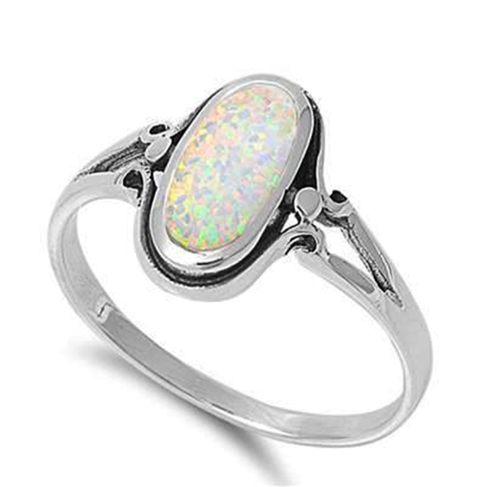 All in Stock - Oval White Synthetic Opal Unique Ring Sterling Silver