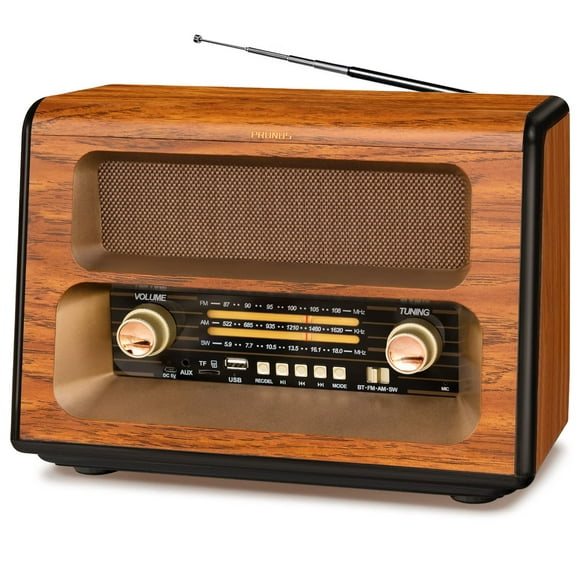 PRUNUS J-199 Large Vintage Radio Bluetooth, AM FM Radio Shortwave, 15W Crystal Speaker, Support AUX/TF Card/USB Playing, AC Charging, Rechargeable Battery and Battery Op