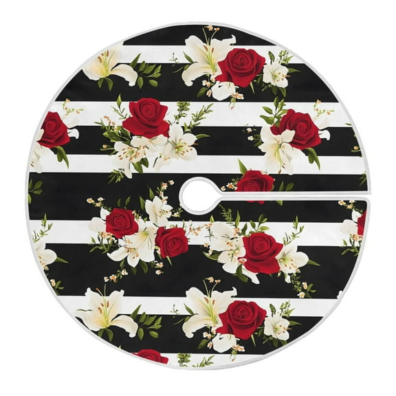 Ryvnso Christmas Tree Skirt Rose Flowers on Stripe Xmas Tree Skirts Ornament Home Decorations 35.4"