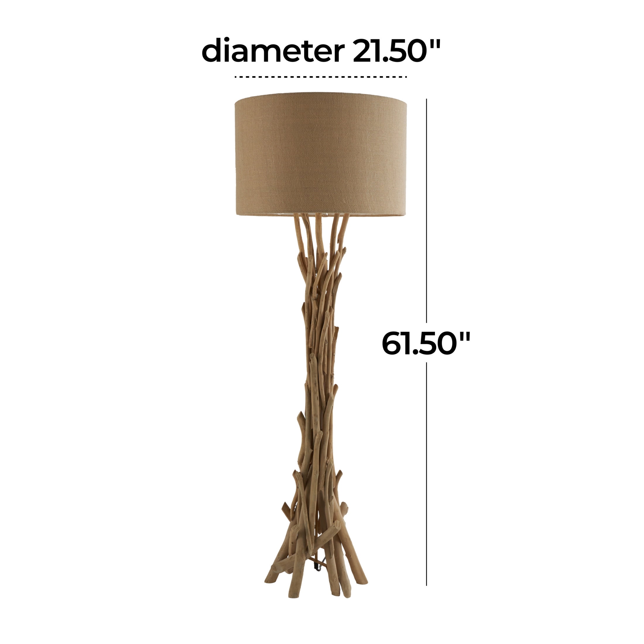 DecMode Rustic Tall Driftwood Floor Lamp with Beige Fabric Shade, 22"W x 62"H