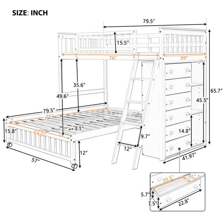 Twin Over Full Bunk Bed With 6 Drawers and 2 Adjustable Shelves Full Bottom Bed With Wheels and Twin Size Top Bed with Guardrails Storage Bed Frame