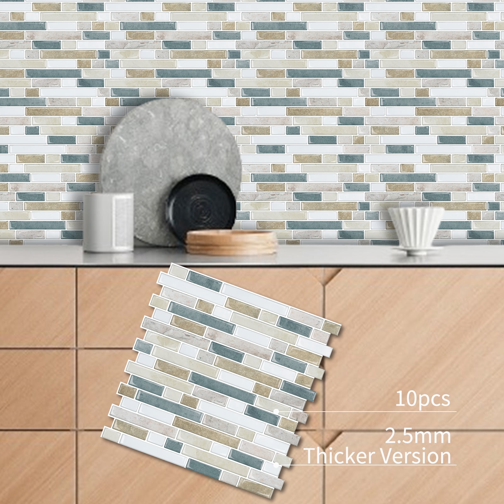 DEWOO Thick Kitchen Peel and Stick Tile Backsplash, Stick on Wall Tiles, 12"x12" Self Adhesive Sticky 3D Wall Marble Tiles Bathroom (10-Sheet，Light Brown)
