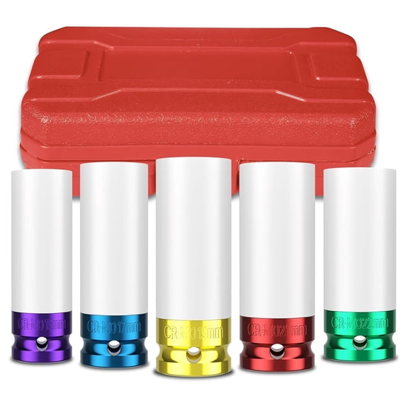 1/2" Drive Wheel Protector Impact Socket, Non-Marring Lug Nut Thin-Wall Deep Socket Kits for Safe Tire Changes-15/17/19/21/22 mm (5 Pcs)