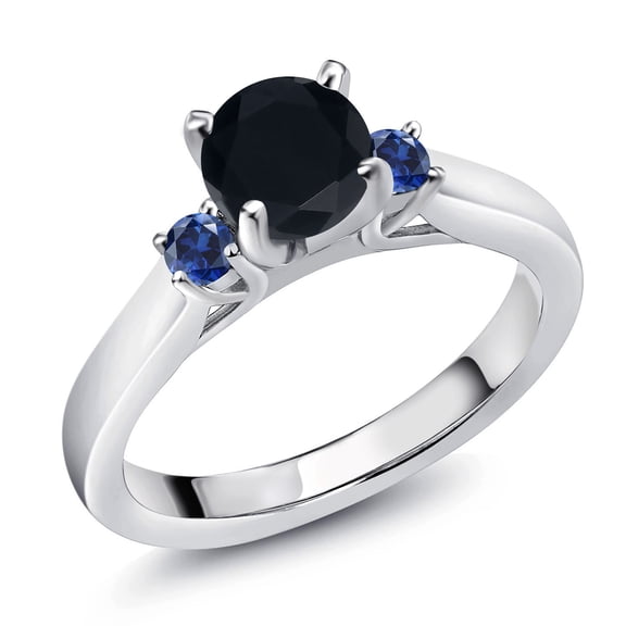 Gem Stone King 18K Yellow Gold Plated Silver Black Onyx and Blue Created Sapphire 3-Stone Engagement Ring for Women (0.90 Cttw, Round 6MM, Gemstone December Birthstone, Size 5)