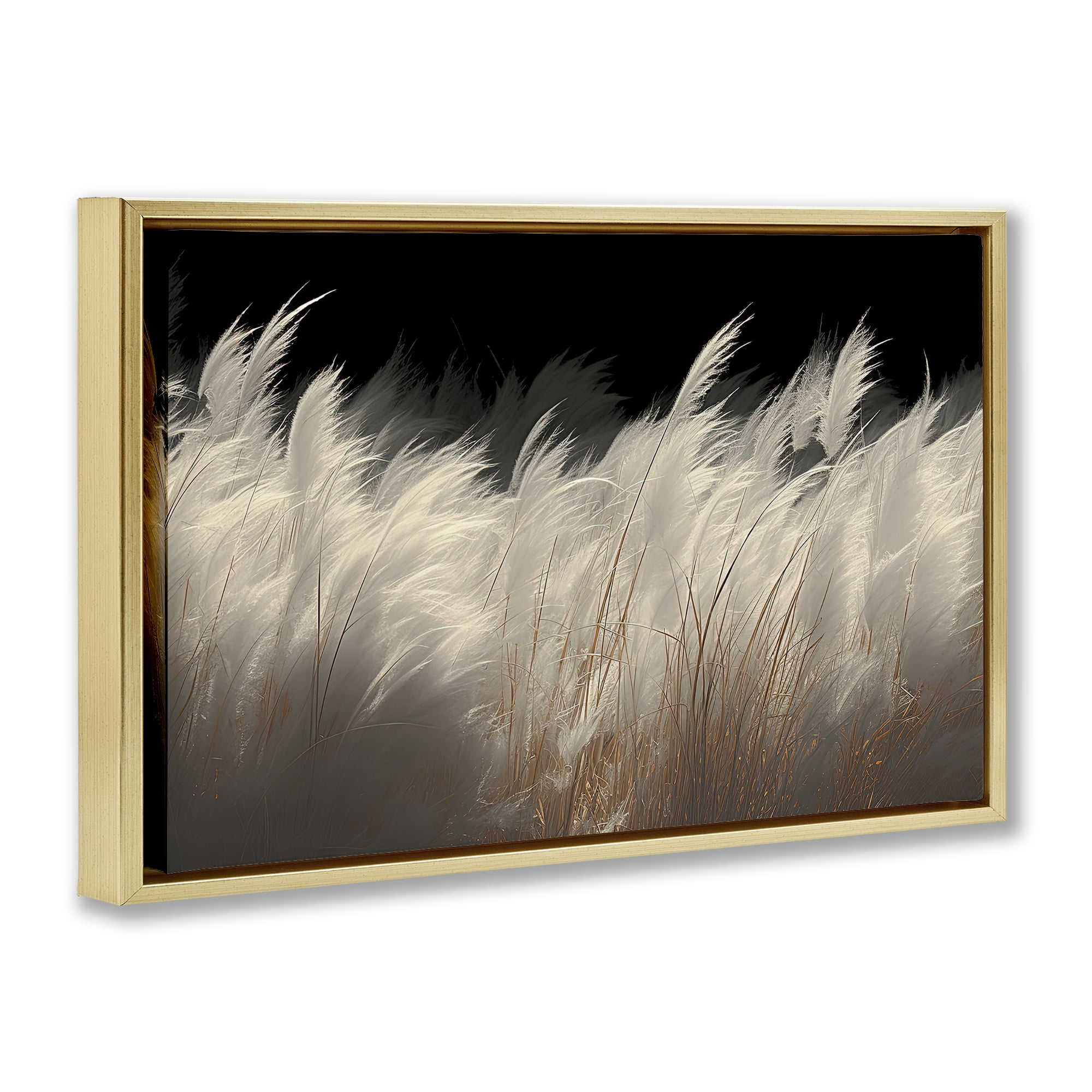 White Feathers Windblown Grasses Gold Framed Floater Canvas Wall Art, design by Decent Exposures