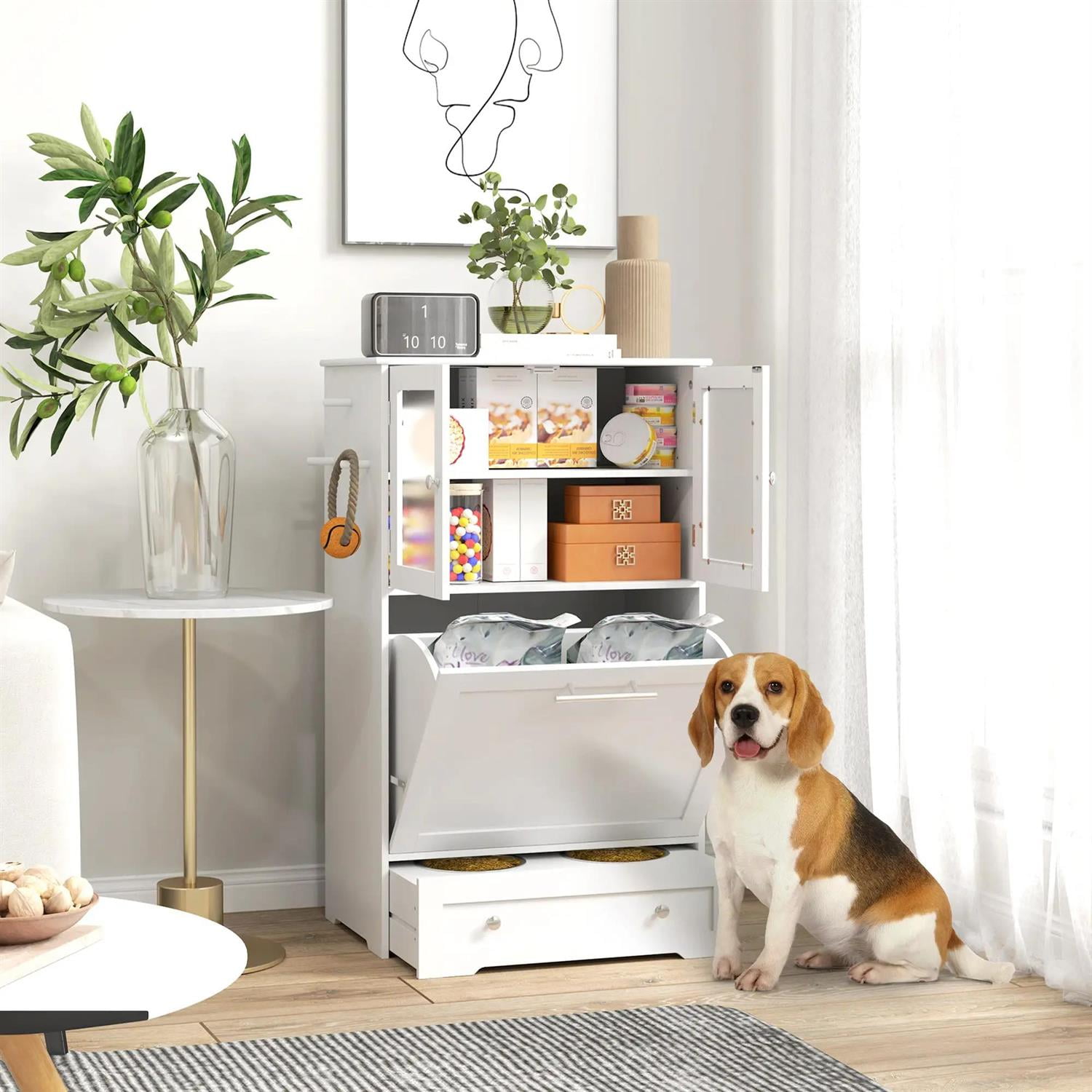 Pefilos 39" Modern Pet Feeding Station Furniture with 2 Storage Cabinets, 2 Elevated Dog Bowls, Side Hooks, Anti-tip Kit, Pet Food Storage Cabinet, Pet Toy Storage Organizer, White