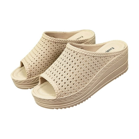 

Cathalem Women S Summer Thick Bottom Slope Heel Comfortable Hollow Sandals Mesh Outer Wear Muffin Bottom Beach Shoes Beige 40