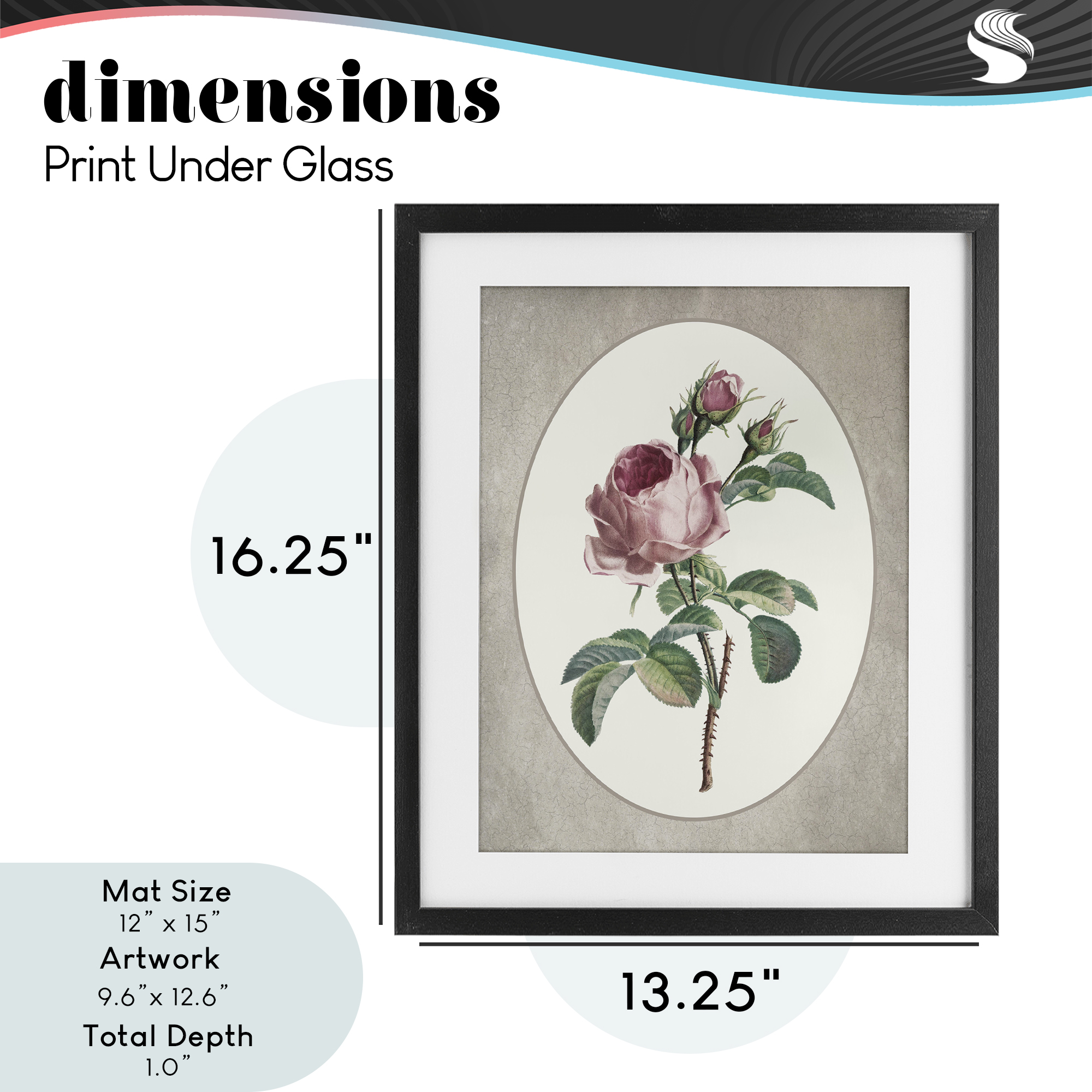 Vintage Rose within Oval Black Framed Print Under Glass, design by Lettered and Lined