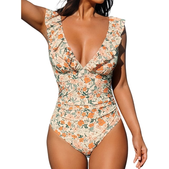 Traje de baño de una pieza CUPSHE con cuello en V profundo y estampado floral