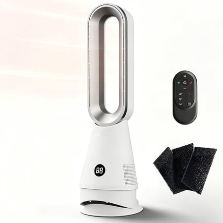Bladeless Tower Fan & Space Heater with Air Purification, 80° Oscillation, 8-Speed Adjustment, 9H Timer & Remote Control, Quiet Portable Heating Cooling Fan for Bedroom Home Office Indoor Use, White