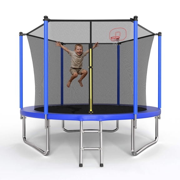 Arspjes 10FT Trampoline for Kids,Outdoor Trampoline with Basketball Hoop and Safety Enclosure Net,Blue