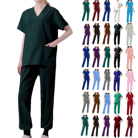 Scrub Sets for Woman Plus Size Short Sleeve V-Neck Solid Color Nursing Uniform Tops and Pants 2 Pieces with Pockets