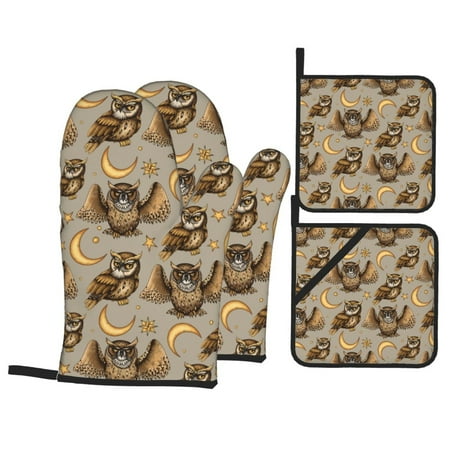 

Oven Mitts and Pot Holders Sets 4 pcs Moon Stars Owls Non-Slip Oven Gloves Potholders Soft Quilted Lining Heat Resistant Gloves Hot Pads for Kitchen Cooking Baking