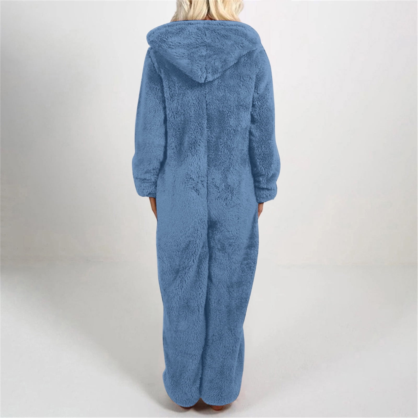 BRGZLK Womens Onesie Homewear Sherpa Hooded Jumpsuit Fuzzy Warm Romper Winter Adult Loungewear with Pockets Casual Homewear Blue L