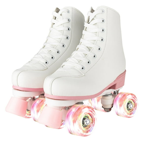 JUANYU Double Row Roller Skates with Glowing Wheels,PU Leather,Size 8,Pink