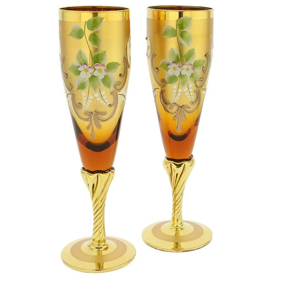 GlassOfVenice Set Of Two Figaro Murano Glass Champagne Flutes 24K Gold Leaf- Golden Brown