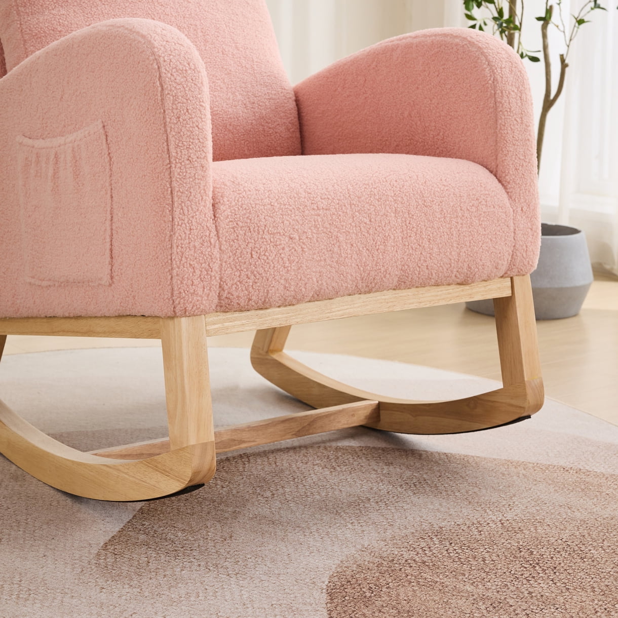 Sherpa Rocking Chair for Nursery with High Back and Side Pocket, 27.2 Inch Glider Accent Armchair with Rubber Wood Legs for Living Room or Bedroom, Pink