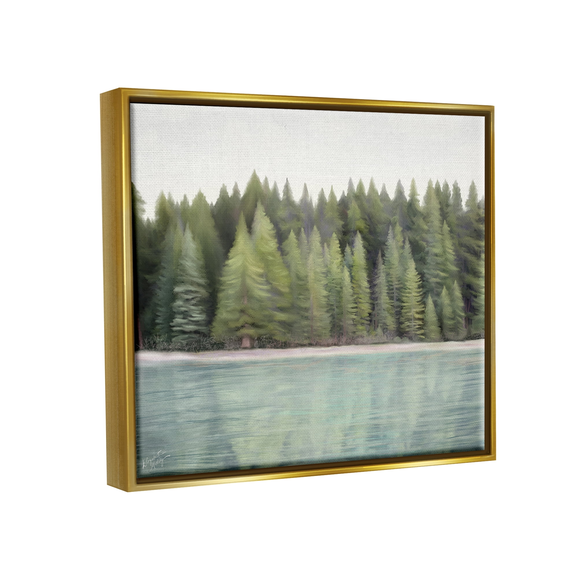 Stupell Industries Woodland Lake Shore Landscape Painting Gold Floater Framed Canvas Art Print Wall Art, 31 x 25