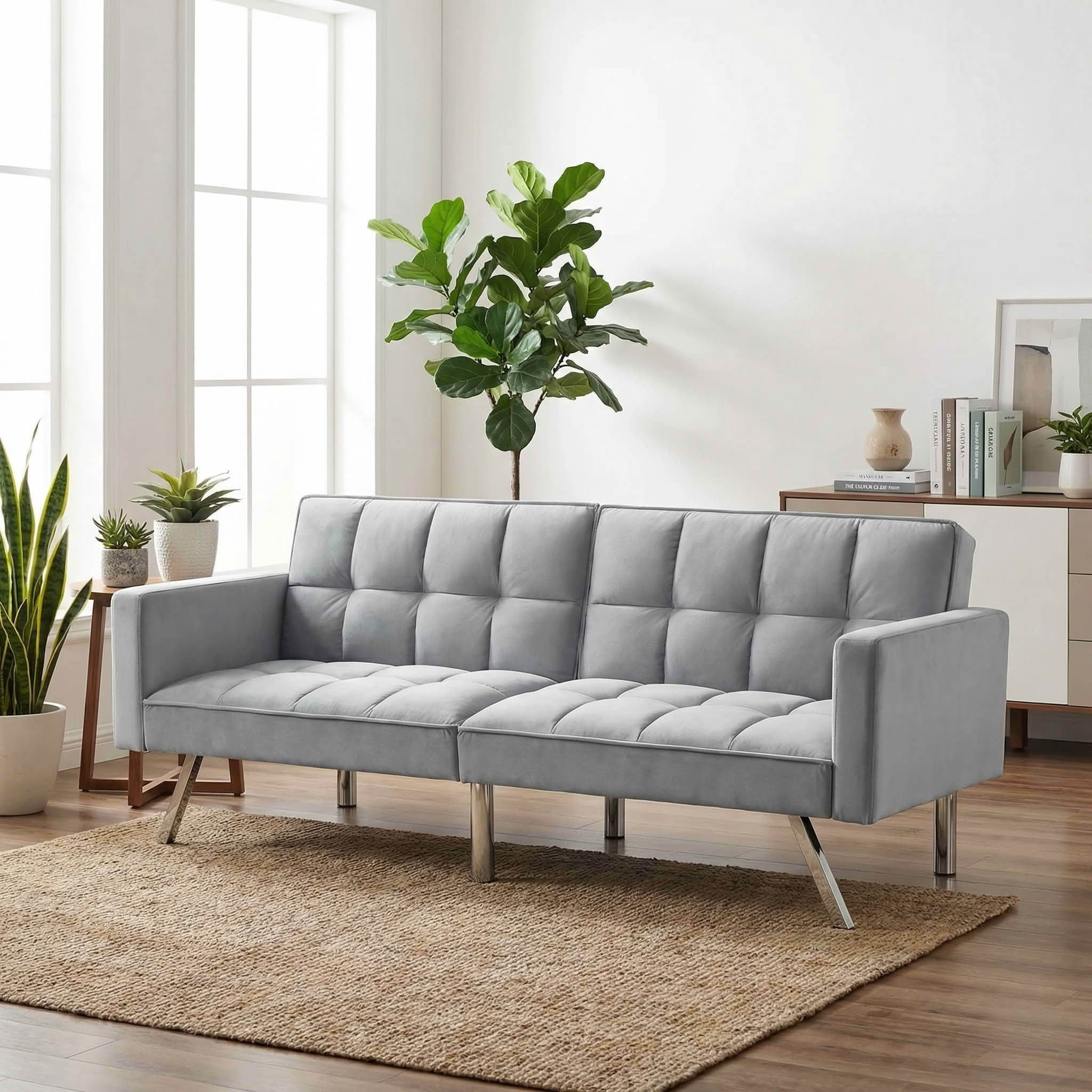 MAYEERTY 74" Convertible Futon Sofa Bed, Twin Size 2-Seater Sleeper Couch with 5-Position Adjustable Backrest, Velvet Sofa for Home Office Guest Room, Light Gray