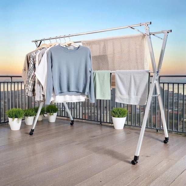 BNFU Tendedero Plegable para Ropa, 1.6m Tendedero Plegable Retráctil, Soporte de Secador para Ropa Retráctil para Interior y Exterior,Tubería Reforzada,Portátil Tendedero Ajustable con 32 Ganchos