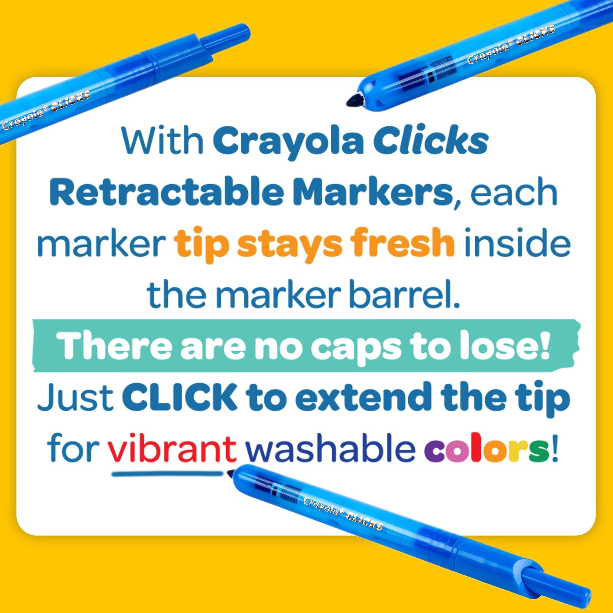 CRAYOLA Clicks, Retractable Art Markers, 10 Vibrant, Washable Coloured  Markers, Keep Markers Safe in Retractable Barrel So Ink Won't Dry Out,  Perfect for Colouring, Projects and More!, 58 8370 : : Toys