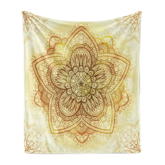 Brown Mandala Soft Flannel Fleece Throw Blanket, Image of an Oriental Mandala Artwork with Overlapped Leaves, Cozy Plush for Indoor and Outdoor Use, 70" x 90", Brown Ginger and Yellow, by Ambesonne