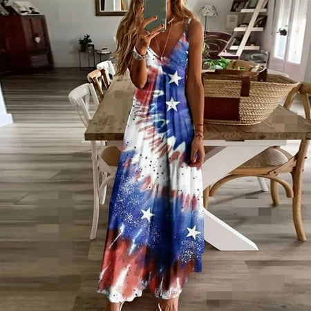 

Hvyesh Sundresses for Women 2023 Casual Party Long Dress Red White and Blue Graphic Crew Neck Dresses Spaghetti Strap Sleeveless Comfortable Bohemian Dress Sky Blue