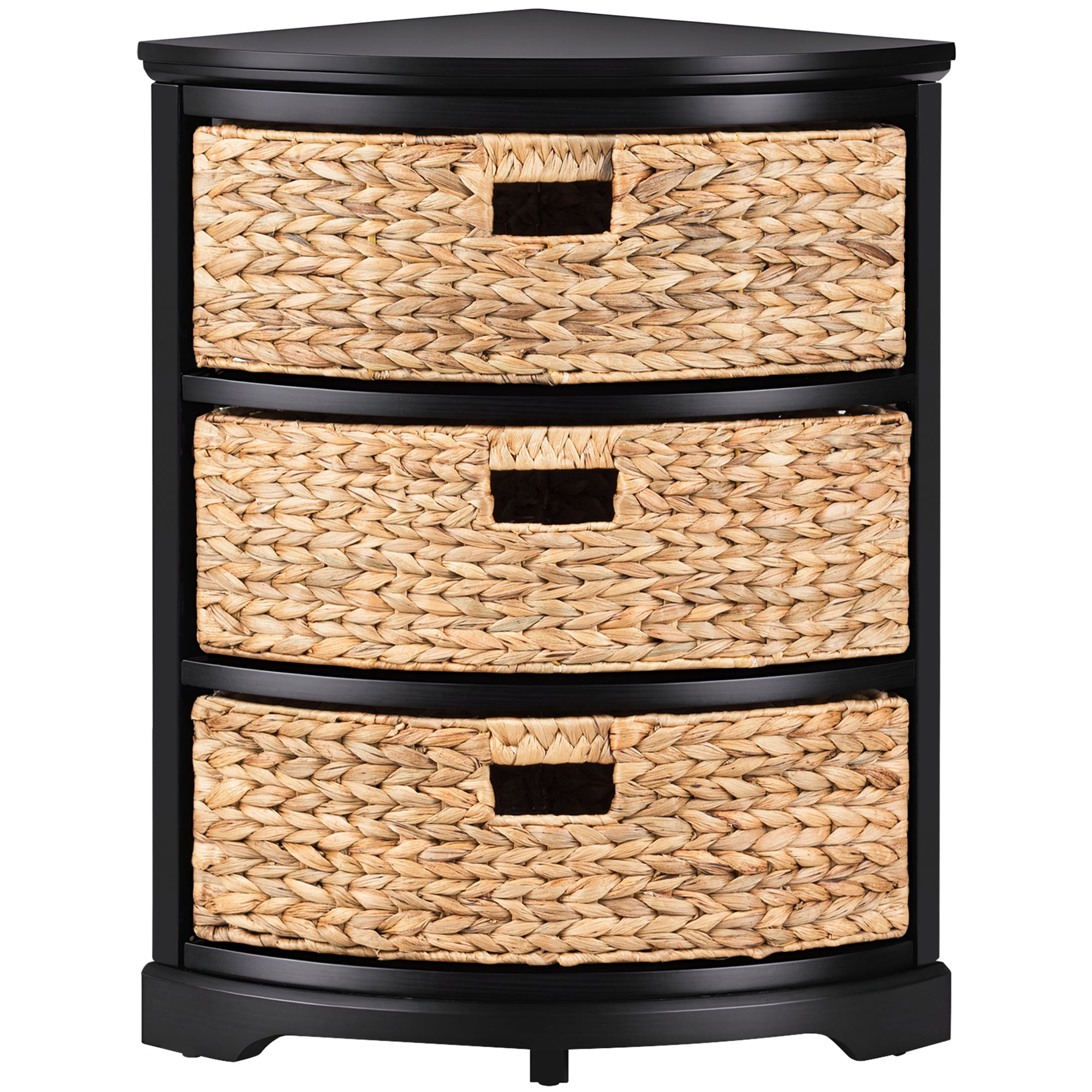 Hampton Meadows 3 Tier X-Side Corner Table Storage Cabinet with 3 Natural Water Hyacinth Wicker Baskets for Living Room, Black