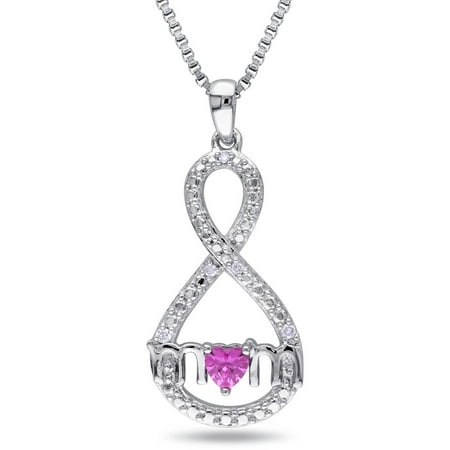 1/3 Carat T.G.W. Created Pink Sapphire and Diamond-Accent Sterling Silver Infinity Heart MOM Pendant, 18