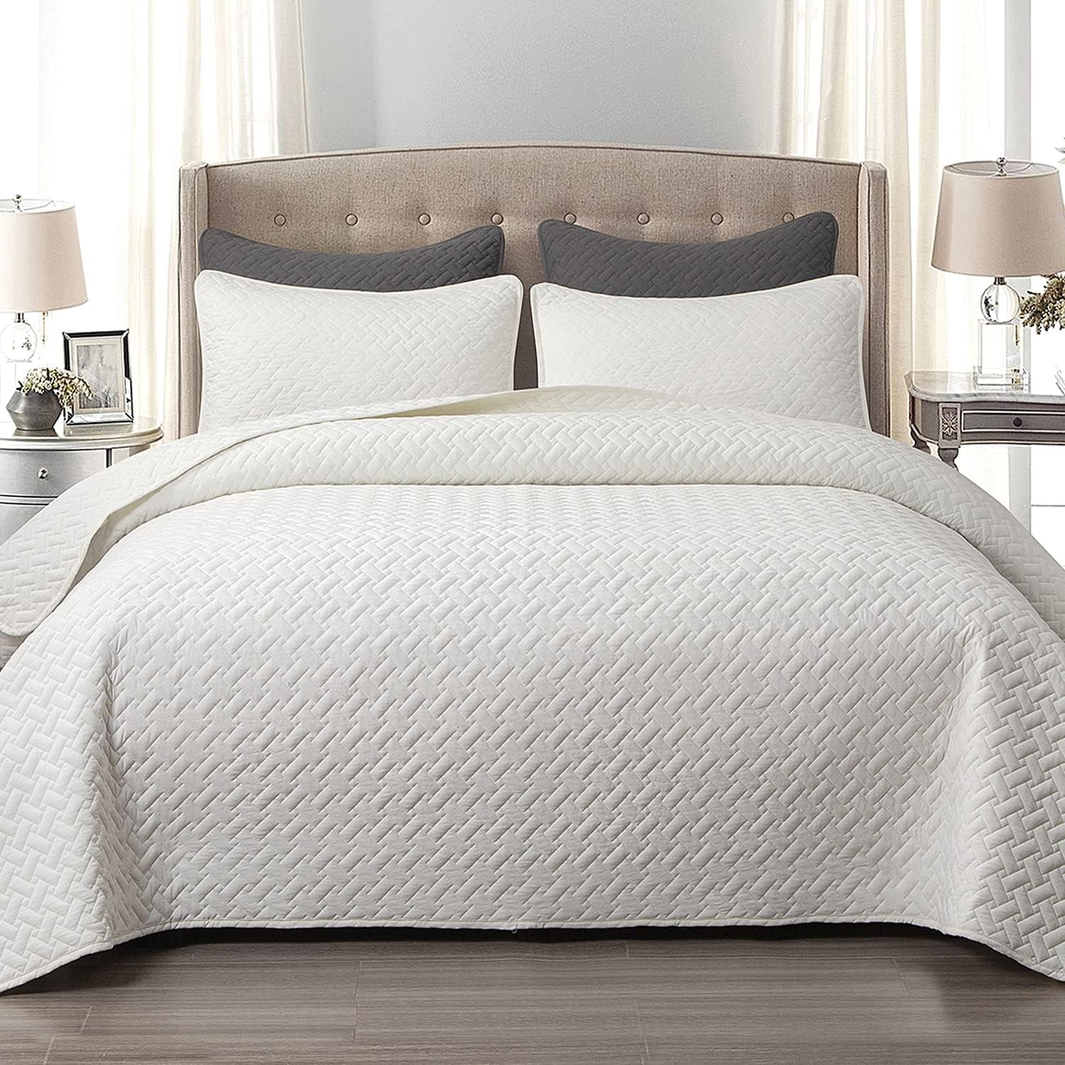 EMME White Quilt Set,Twin Bedspread Lightweight Microfiber Reversible Twin Size Comforter Set Soft Bed Coverlet 2 Piece Bedding Set for All Season(Basket Weave, 66"x90")