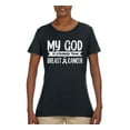 thumbnail image 2 of Wild Bobby My God Is Stronger Than Breast Cancer White Distressed Breast Cancer Awareness Women Graphic Tee, Black, Small, 2 of 6