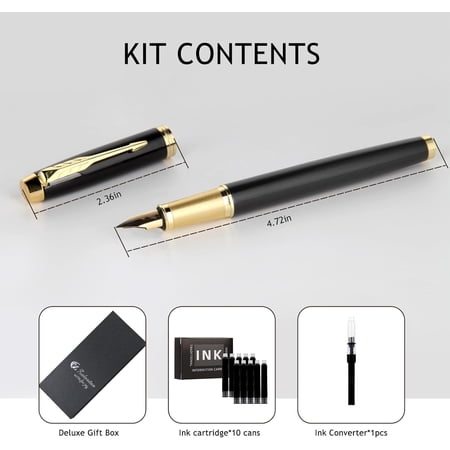 FGERFE-Fountain Pen luxury pens Fine point smooth writing pens for journaling fancy pen with Gift Case 8 black ink cartridges an EF Nib an ink converte nice metal pen writer gifts(Black)