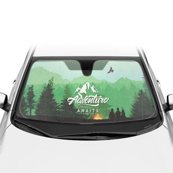 BDK Adventure Awaits Front Windshield Sunshade Accordion Folding Style Auto Shade for Car Truck SUV Van Blocks UV Rays Sun Visor Protector Easy Setup Keeps Your Vehicle Cool - 58 x 27 inches